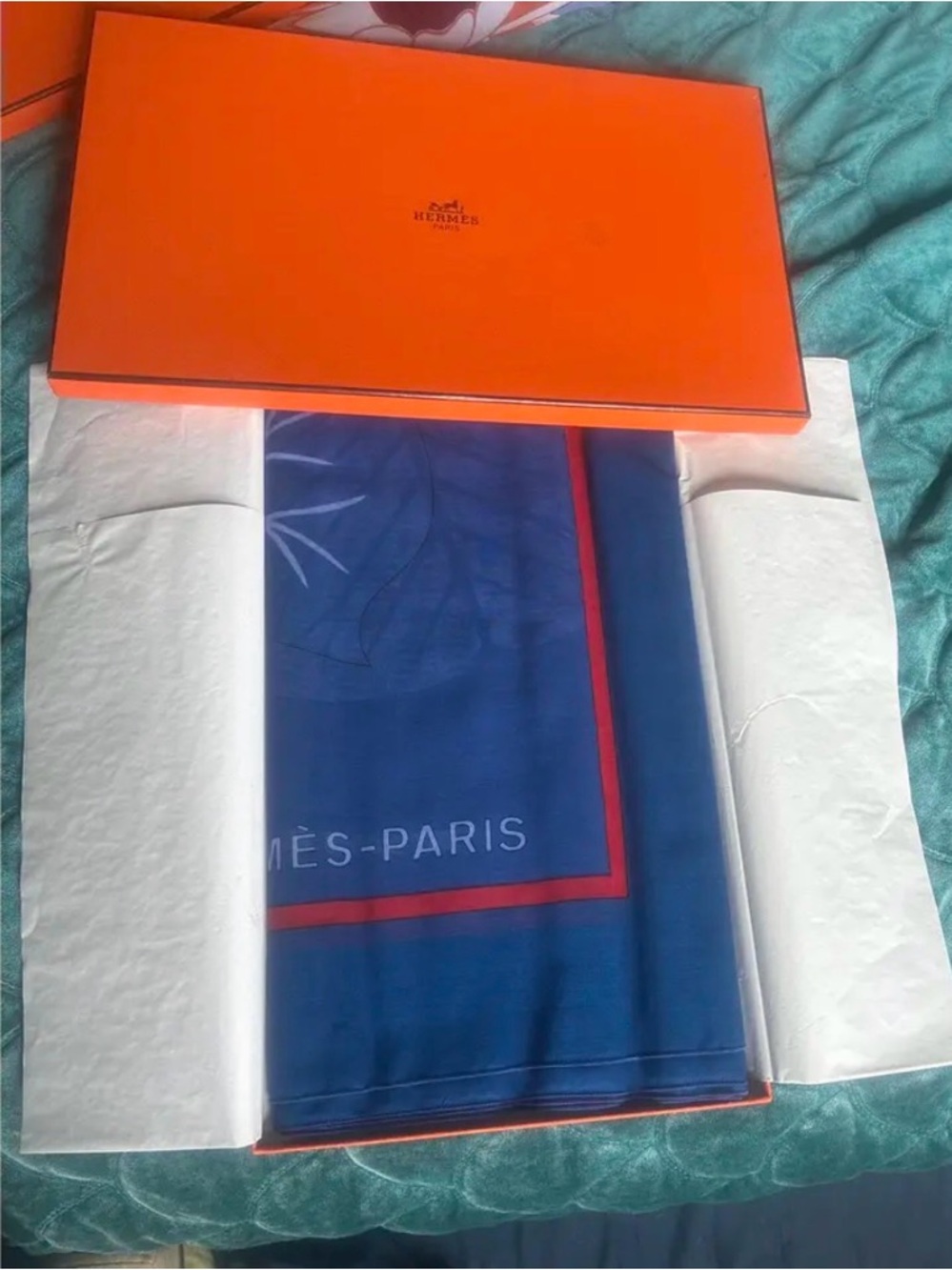 NIB Hermès "Fleurs de Lotus" Cotton Pareo / Beach Wrap - Blue & Orange - Picture 2 of 6
